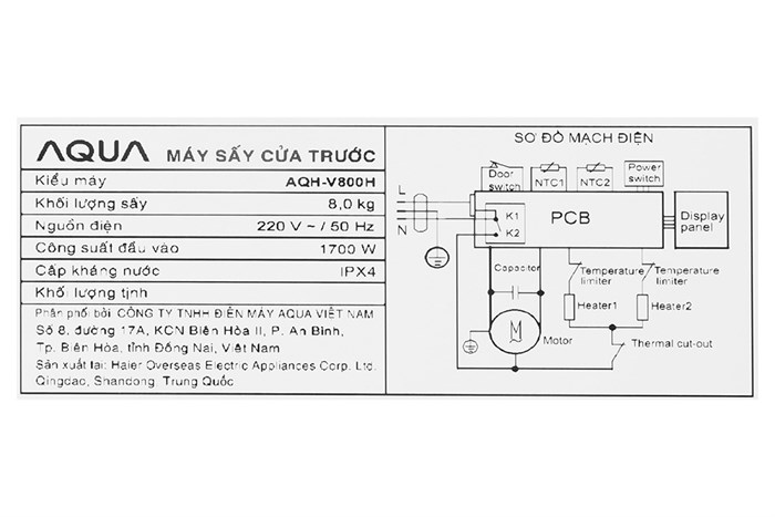 Máy sấy thông hơi Aqua 8 kg AQH-V800H SS